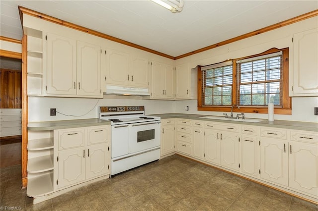 kitchen featuring white cabinetry, white range with electric stovetop, ornamental molding, and sink