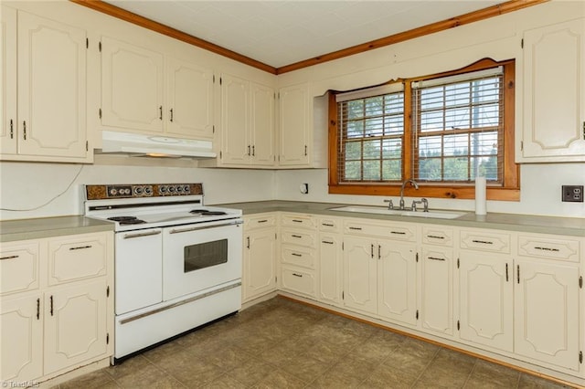 kitchen with white cabinets, electric stove, sink, and ornamental molding