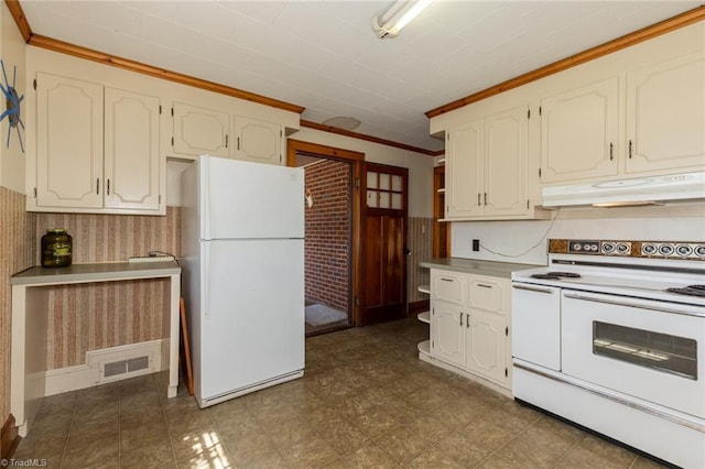 kitchen featuring white cabinetry, white appliances, and ornamental molding