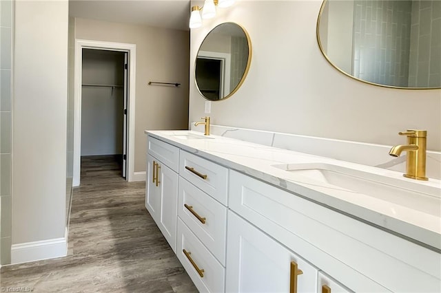 full bathroom with a spacious closet, double vanity, wood finished floors, and a sink