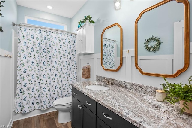 bathroom with wood-type flooring, curtained shower, vanity, and toilet