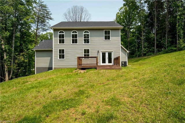 2578 Whipporwill Ct, Rural Hall, NC 27045 - back of house with a wooden deck, a lawn, and french doors