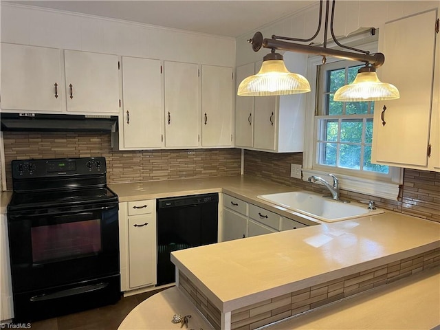 kitchen featuring black appliances, white cabinets, sink, hanging light fixtures, and backsplash