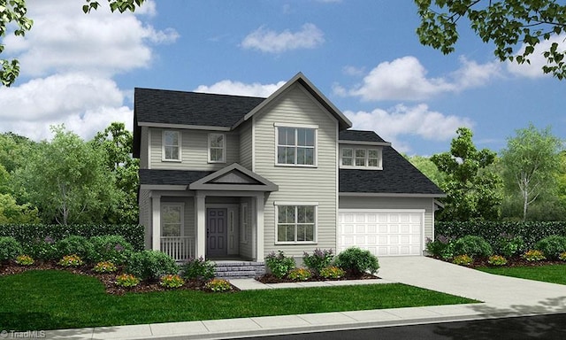 view of front of home featuring a front lawn, an attached garage, driveway, and a shingled roof