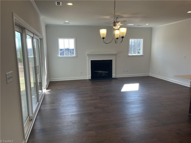 unfurnished living room featuring a fireplace with flush hearth, baseboards, crown molding, and dark wood-type flooring