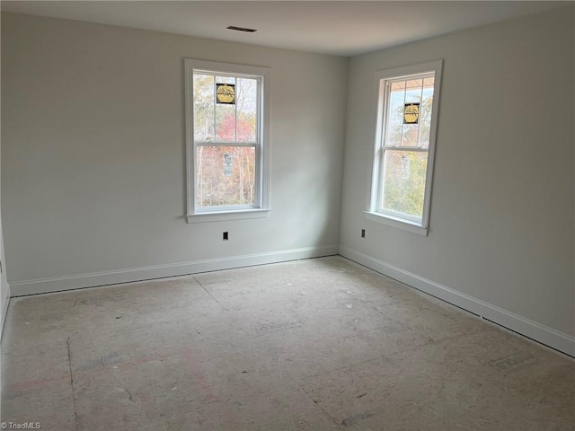 spare room with visible vents and baseboards