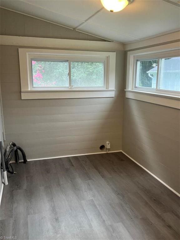 empty room featuring lofted ceiling, plenty of natural light, and dark wood-style floors