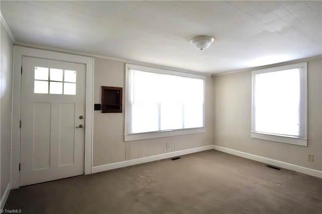 carpeted entrance foyer featuring baseboards, plenty of natural light, and visible vents