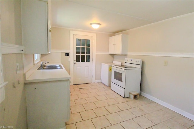 kitchen featuring white cabinets, a sink, light countertops, light tile patterned floors, and white electric range