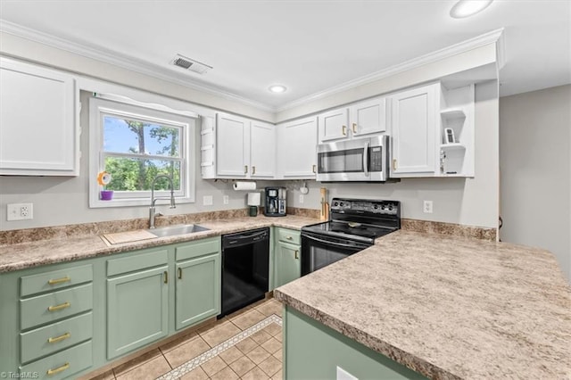 924 Delta Dr, Randleman, NC 27317 - kitchen featuring black appliances, open shelves, green cabinetry, white cabinets, and ornamental molding