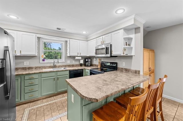 924 Delta Dr, Randleman, NC 27317 - kitchen featuring black appliances, green cabinets, light tile patterned floors, a peninsula, and open shelves