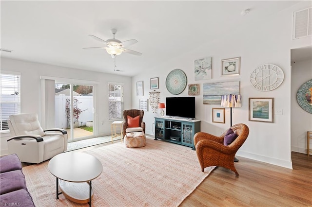 living area with visible vents, a ceiling fan, light wood-type flooring, and baseboards