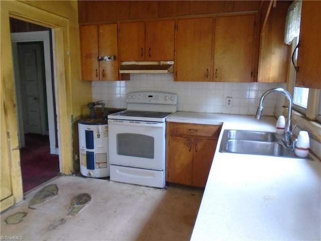 815 Camel Ave, Winston-Salem, NC 27101 - kitchen featuring electric stove, under cabinet range hood, a sink, brown cabinets, and decorative backsplash