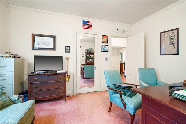 office area featuring light colored carpet and crown molding