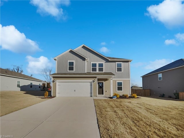 view of front facade with board and batten siding, concrete driveway, a front lawn, and a garage