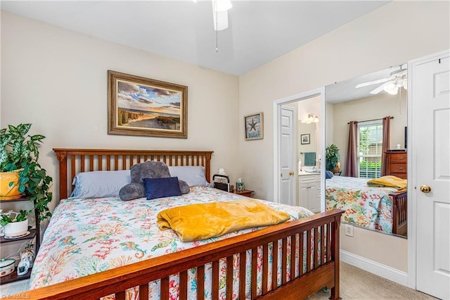 1627 Crestlawn Trl, Pfafftown, NC 27040 - bedroom featuring light colored carpet, connected bathroom, a ceiling fan, and baseboards