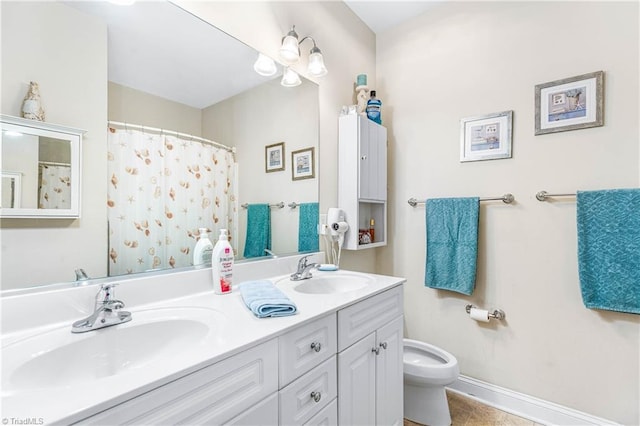 1627 Crestlawn Trl, Pfafftown, NC 27040 - bathroom with toilet, double vanity, a shower with curtain, baseboards, and tile patterned flooring