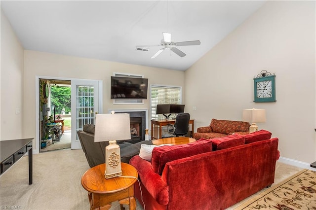 1627 Crestlawn Trl, Pfafftown, NC 27040 - living area with carpet, plenty of natural light, ceiling fan, and lofted ceiling