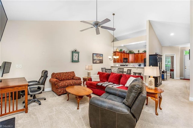 1627 Crestlawn Trl, Pfafftown, NC 27040 - living room featuring light colored carpet, ceiling fan, baseboards, an office area, and high vaulted ceiling