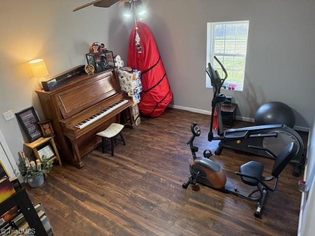 exercise area with a ceiling fan, baseboards, and wood finished floors