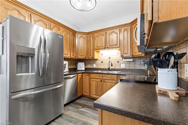 kitchen with dark countertops, appliances with stainless steel finishes, wood finished floors, a sink, and backsplash