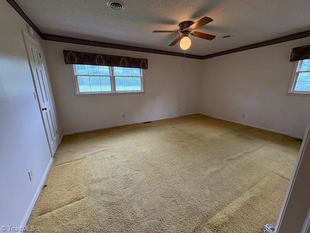 unfurnished room featuring crown molding, a ceiling fan, light carpet, a textured ceiling, and baseboards