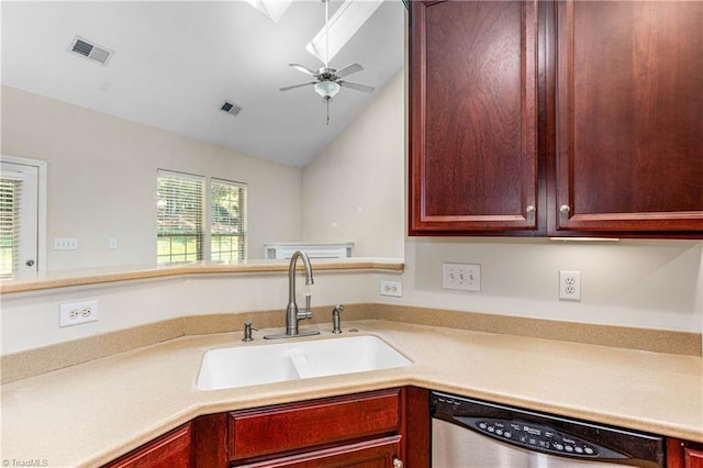 4012 Chianti Way, Greensboro, NC 27410 - kitchen featuring dishwasher, a sink, ceiling fan, vaulted ceiling, and light countertops