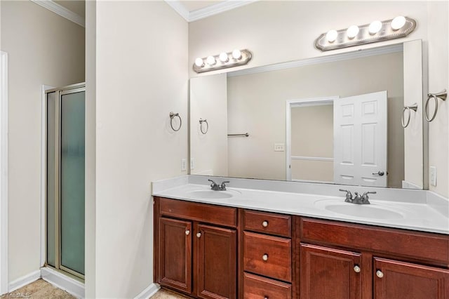 4012 Chianti Way, Greensboro, NC 27410 - bathroom featuring ornamental molding, a shower stall, and double vanity