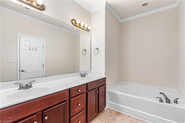 4012 Chianti Way, Greensboro, NC 27410 - bathroom with double vanity, a garden tub, ornamental molding, and tile patterned flooring