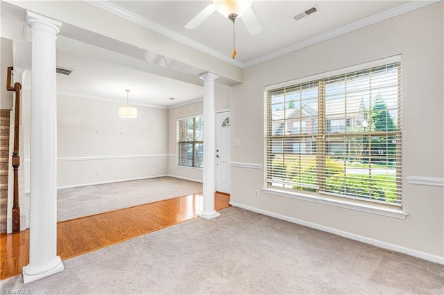 4012 Chianti Way, Greensboro, NC 27410 - empty room with carpet, decorative columns, baseboards, crown molding, and stairway