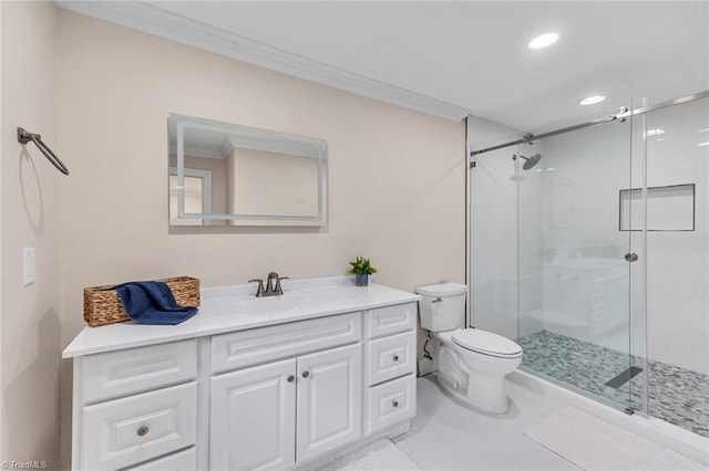 104 Shawnee Cir, Lexington, NC 27295 - full bathroom featuring a stall shower, vanity, toilet, ornamental molding, and recessed lighting