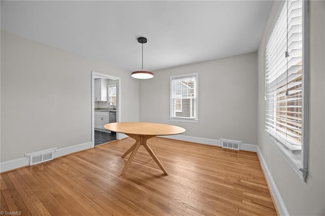 unfurnished dining area featuring light wood finished floors, visible vents, and baseboards