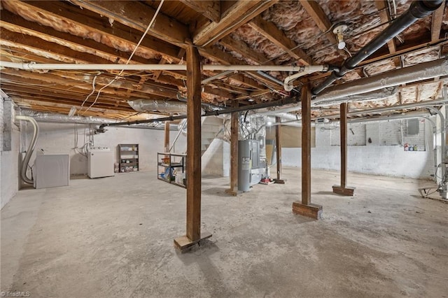 unfinished below grade area featuring washer and clothes dryer and electric water heater