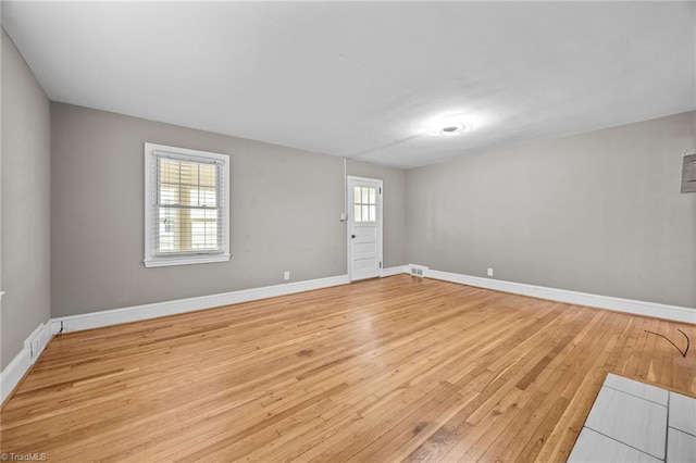 unfurnished room featuring visible vents, baseboards, and light wood finished floors