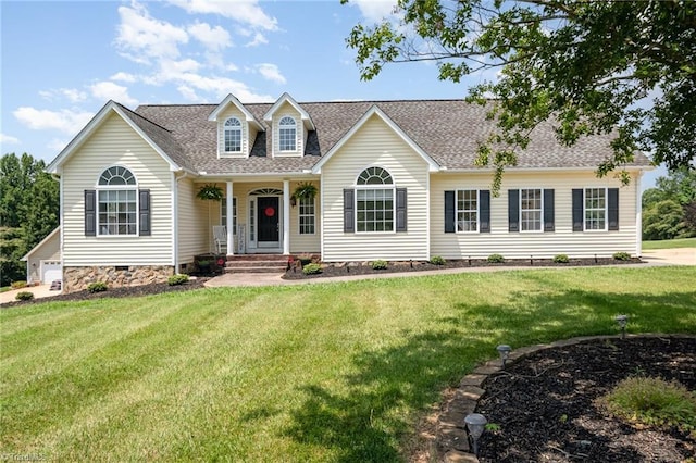 2264 Loflin Farlow Ln, Sophia, NC 27350 - cape cod house with a front lawn, a shingled roof, crawl space, and covered porch