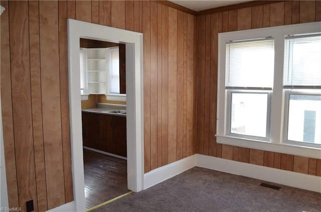 carpeted spare room with visible vents, wood walls, and a wealth of natural light