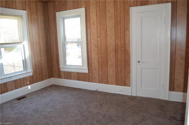 spare room featuring a wealth of natural light, visible vents, and carpet floors
