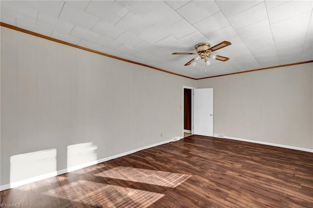 unfurnished room featuring crown molding, hardwood / wood-style flooring, and ceiling fan