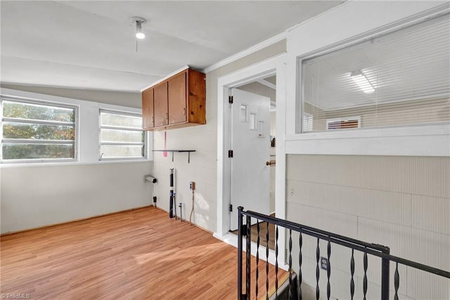 laundry room with crown molding, wood walls, and light wood-type flooring