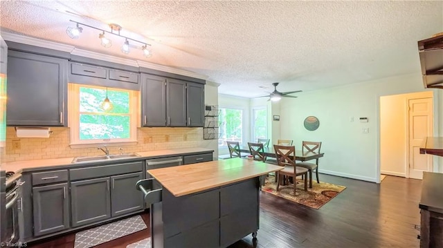 1721 Abbottsford Dr, Kernersville, NC 27284 - kitchen featuring gray cabinets, a textured ceiling, tasteful backsplash, a ceiling fan, and dark wood-style flooring