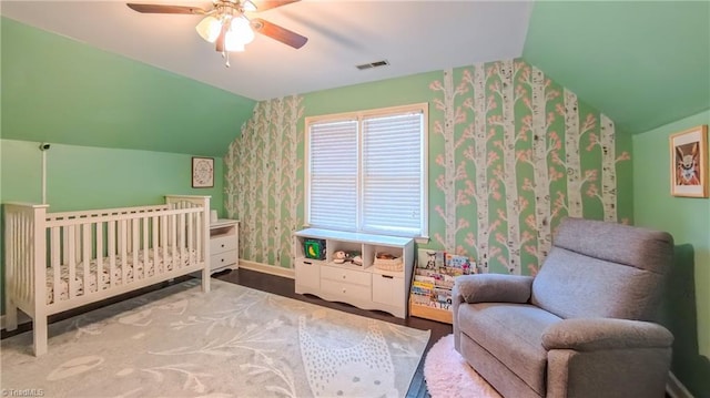 1721 Abbottsford Dr, Kernersville, NC 27284 - bedroom with lofted ceiling, a nursery area, and a ceiling fan