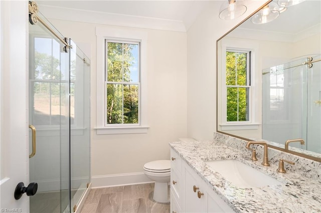 bathroom with vanity, toilet, and a shower with door