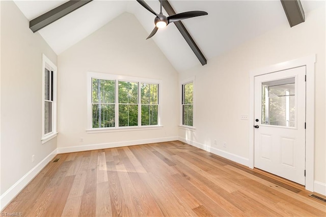 interior space featuring ceiling fan, beamed ceiling, high vaulted ceiling, and light wood-type flooring