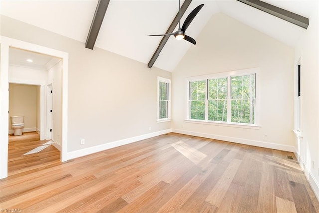 unfurnished room featuring beam ceiling, ceiling fan, high vaulted ceiling, and light hardwood / wood-style floors