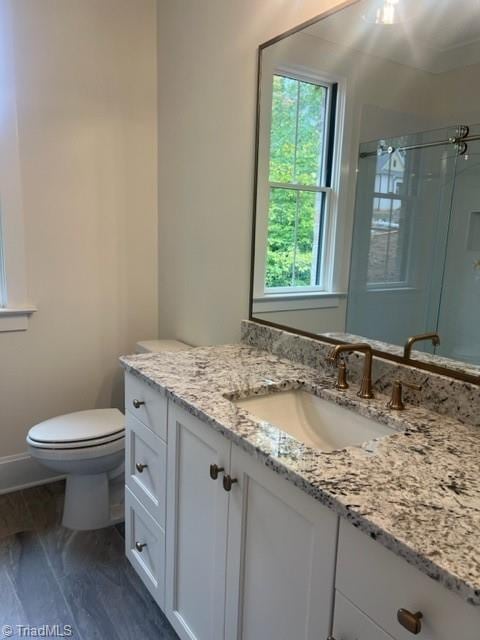 bathroom featuring vanity, toilet, and an enclosed shower