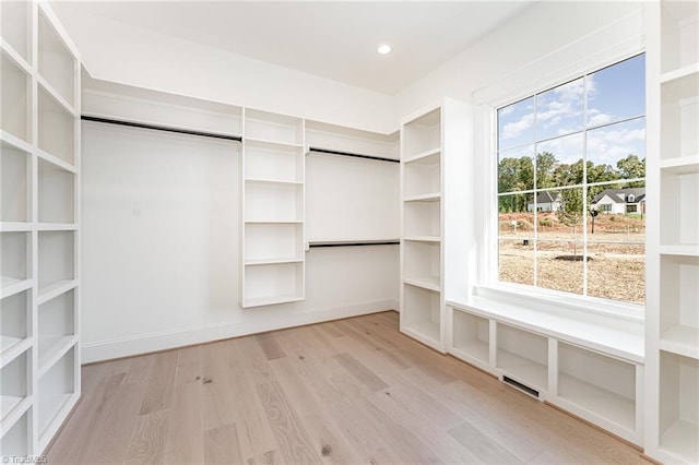 walk in closet with light wood-type flooring