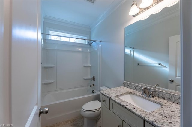 full bathroom featuring toilet, vanity, tile patterned floors, crown molding, and bathtub / shower combination