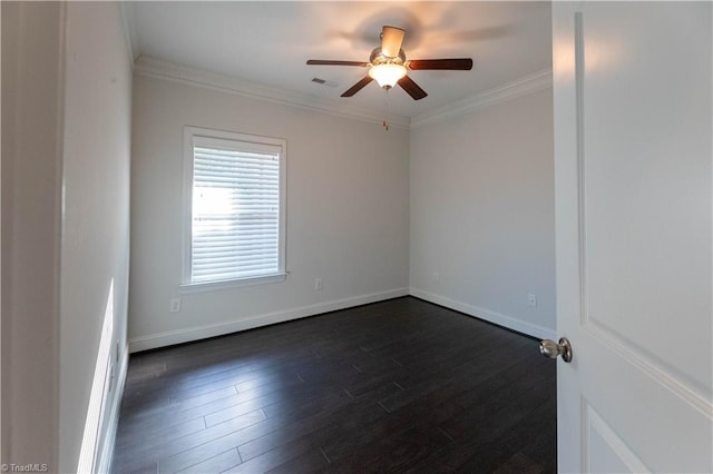 unfurnished room featuring ceiling fan, crown molding, and dark hardwood / wood-style floors