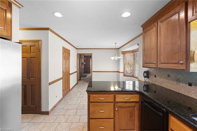 kitchen featuring tasteful backsplash, crown molding, stainless steel fridge, light tile patterned floors, and black dishwasher