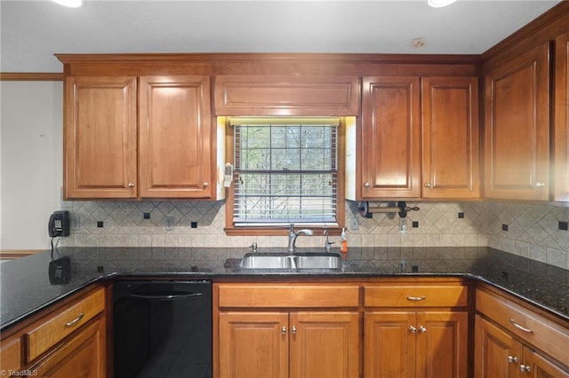 kitchen with dark stone countertops, sink, dishwasher, and backsplash